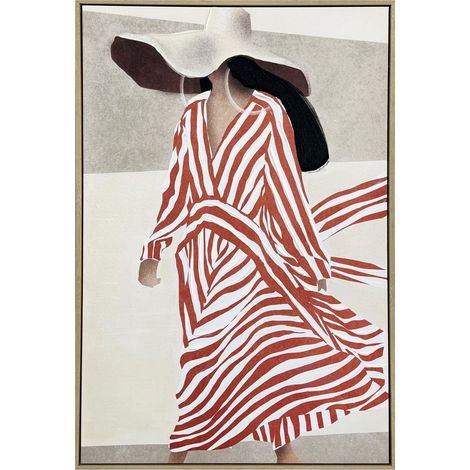 Cuadro decorativo mujer con sombrero y rayas con detalles pintados a mano color rojo, 90x60cm