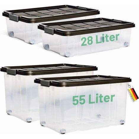 Coffret de rangement Novaliv 4 pièces avec couvercle, anthracite, 2x 55 L + 2x 28 L, emboîtable, empilable, fermeture à clip, boîtes à roulettes