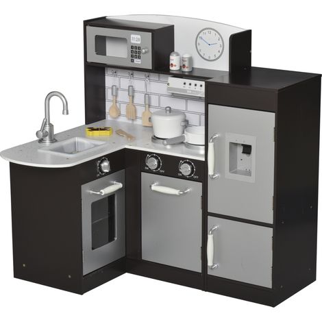 Cuisine enfant en bois 14 accessoires four micro-ondes frigo lavabo 86x64x84.5cm