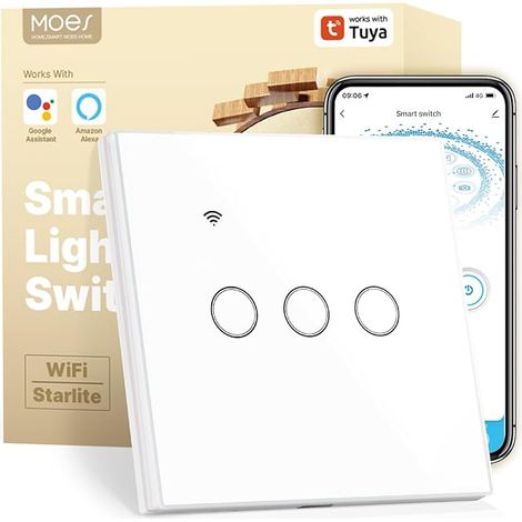 MOES WiFi Interrupteur mural tactile intelligent avec 1/2 Way, état du relais en option, neutre requis,compatible avec l'application Smart Life,Tuya, télécommande RF433, Alexa,Google Home (1/5)