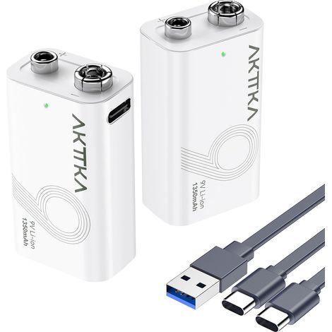 Lot de 2 Piles Lithium Rechargeables 1350mAh 9V Câble de charge USB-C fourni, adapté aux multimètres portables, détecteurs de métaux, testeurs de câbles (1/5)