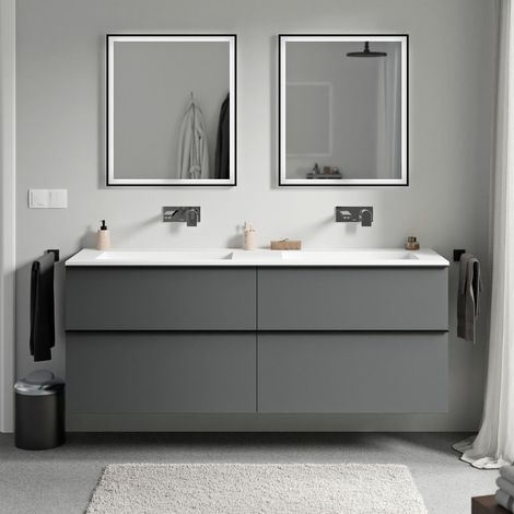 BERNSTEIN - Mobile lavabo sospeso MDF antracite opaco, lavabo Ghisa bianco opaco senza foro rubinetto, maniglia cromata - 160x46x62cm - LAVOA	Antracite opaco, cromo, Bianco opaco senza foro rubinetto