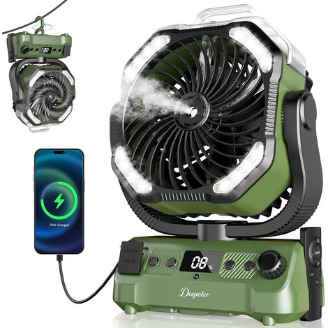 Ventilateur Camping Silencieux avec Lumière, Ventilateur Sans Fil Portable, Mist Fan Batterie Rechargeable 20000mAh avec Rotation et Minuterie, Crochet de Suspension pour Car Extérieur Bureau - Vert (1/5)