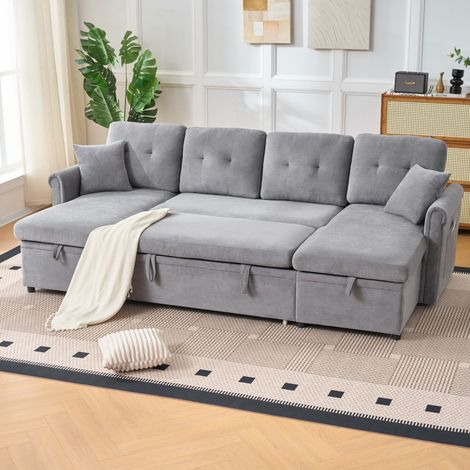 Sofá de esquina U convertible 266x130x85 cm con arcón, para salón o habitación de invitados, chenilla - gris (1/5)