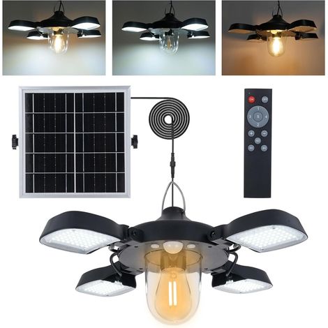 Lampada a sospensione a 192 LED alimentata a energia solare con sensore di movimento - 5 modalità di illuminazione - Lampada da lavoro a 4 pannelli - Impermeabile - Per gazebo, garage, negozio, fienil