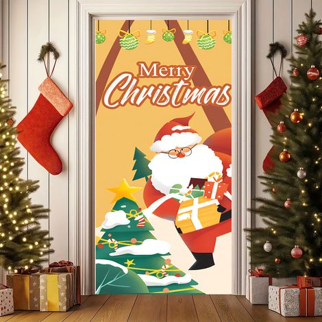 Rideau de porte de Noël 2026, bannière extérieure avec fond photo Père Noël et chien, tissu à suspendre - 90 x 180 cm (rainure + ruban) - 33