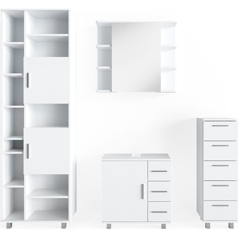 Set mobili bagno Ilias, Bianco, 4 parti, con armadio alto, Vicco