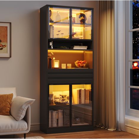 Vitrine haute 80x35x200 cm en MDF noir avec LED RGB, rangement gain de place pour salon – MEUBLIV (1/5)