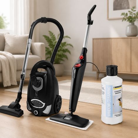 Set de limpieza de suelos apto para personas alérgicas (3 piezas): spray para ventanas RM500, mopa a vapor XXL y aspiradora HEPA de 700 W (1/5)