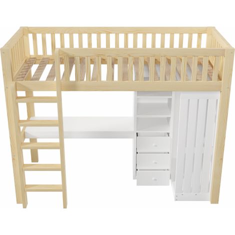 Hochbett 90 x 200 cm mit Schreibtisch, Schrank, 3 Schubladen und Treppe, Kiefer/MDF, natur (1/5)