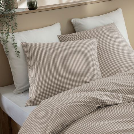 Parure de lit 240x220 coton à carreaux beige Terre de Nuit mini Vichy - Liné