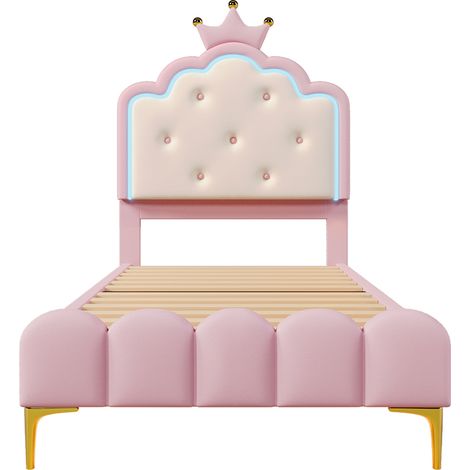 Cama acolchada 90 x 200 cm, con iluminación ambiental, forma de princesa, material PU, rosa (1/5)