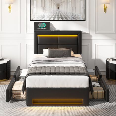lit adulte rangement LED USB 90x190 PU noir OKMYHOME (1/5)