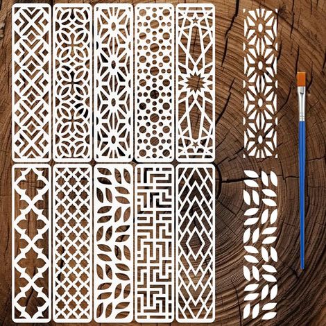 10 Pcs Pochoirs de Bordure Géométriques avec 1 Pinceau Plastique 30x7,5cm Pochoirs de Formes Géométriques Pochoir de Fond de Bord de Livre Rectangulaire pour Bois Mur Meuble DIY (1/5)