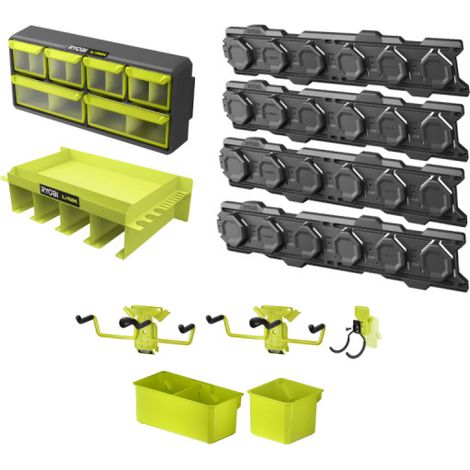 Confezione RYOBI LINK System 4 guide a parete - Scaffale - Organizzatore - Gancio doppio - 2 ganci singoli - Cestino sin