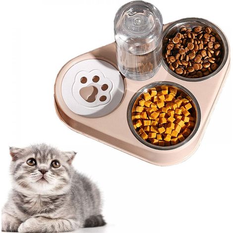 Gamelle double surélevée pour chien et chat avec réservoir d'eau automatique - Gamelle en acier inoxydable (rose) (1/4)