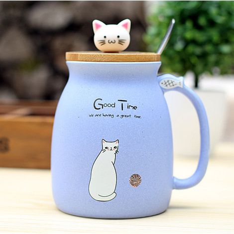 Tasse Céramique - 450 ml - Avec Couvercle En Bois Et Cuillère Intégrée - Motif Chat - Pour Café Thé Lait - 1 Pièce (1/5)