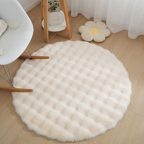 Tapis Fausse Fourrure Peau de Mouton Rond, Tapis Poil Long Shaggy Doux, Moquette Décoration Intérieure Lavable pour Salon, Enfant Fille Chambre, Descente de Lit, Diamètre 100cm, Beige (1/5)