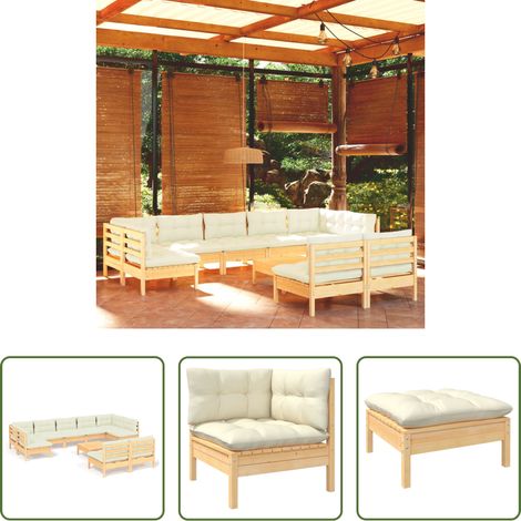 Terrassensofa - 10-tlg. Garten-Lounge-Set mit Creme Kissen Massivholz Kiefer (1/5)