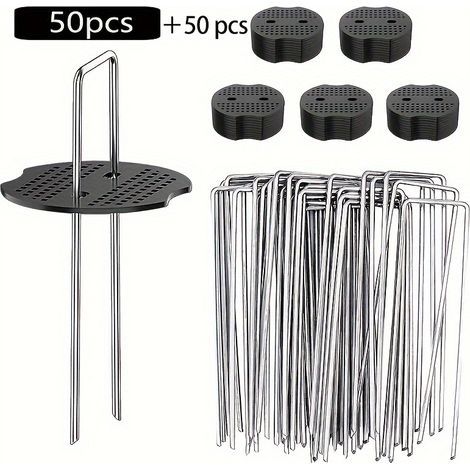 Lot de 200 piquets de tente galvanisés en forme de U avec rondelles - Ancrages au sol robustes pour tentes, bâches, toiles de paillage et toiles de paillage. (1/5)