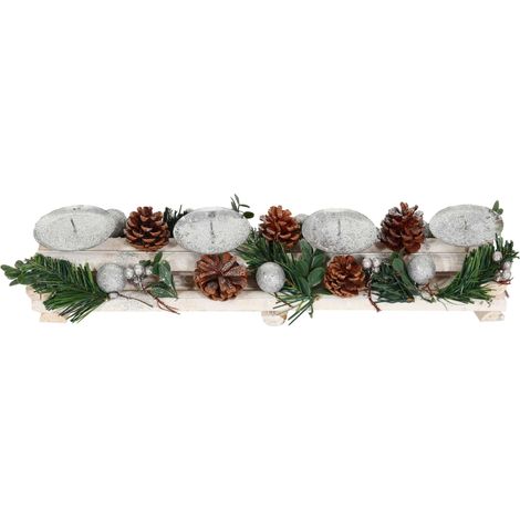 Arreglo de Adviento HHG-797 con portavelas, Corona de Adviento Decoración navideña madera plata blanca 18x49x13cm, sin velas