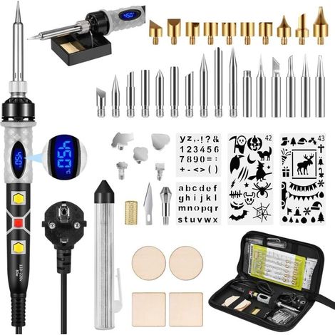 Kit per pirografia, saldatore 45 in 1 da 80 W con schermo LCD, temperatura regolabile da 200 a 450 °C con interruttore ON/OFF, per sughero, pelle, incisione e intaglio del legno. (1/4)