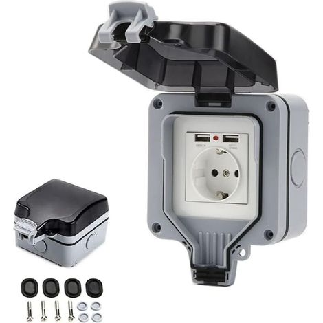 Prise Étanche IP66 avec Connexions USB Prise Électrique Extérieure avec Couvercle Boîtier de Prise Murale pour Jardin Garage Piscine (1/5)