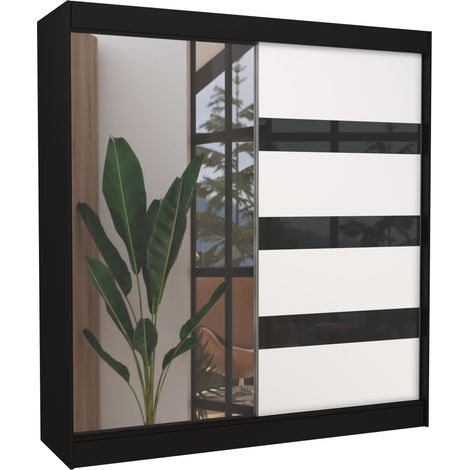 Armoire de chambre noire 1 porte blanche et noire laquée 1 porte miroir Voka - 3 tailles-Largeur 120 cm (1/5)