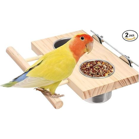 Stainless Steel Bird Bowls with Wooden Perch Parakeets Hanging Feeders Water Dispenser Accessories for Cockatiels (1/5)