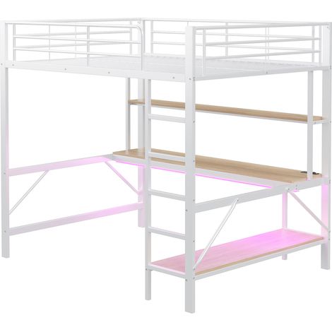 Cama alta 140 x 200 cm de metal blanca con escritorio, estantes, LED, USB y enchufes (1/5)
