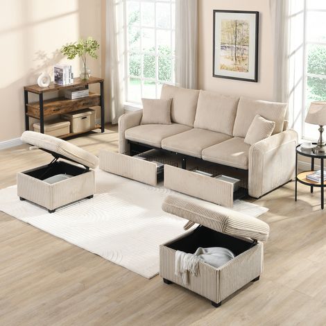 FloraGrace canapé modulable 3 places, poufs 52 x 52 cm, tissu côtelé beige, rangement et couchage (1/5)