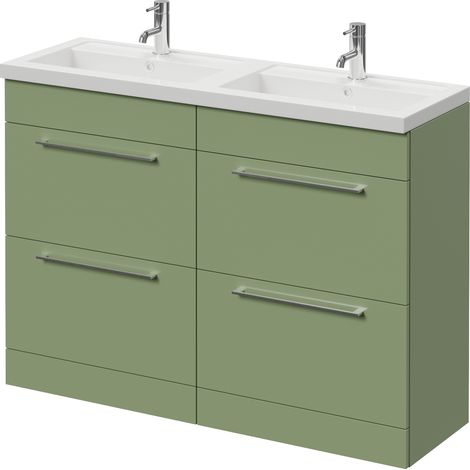 Napoli 390 Olive Green 1200mm 4 Drawer Vanity Unit with Double Lucia Basins - 1200mm - Chrome 320mm Handle