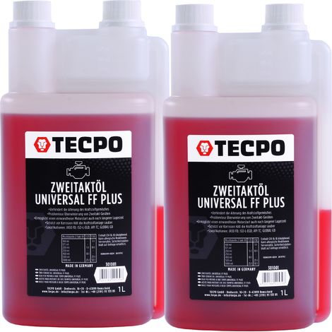 TECPO Zweitaktöl Universal 2-Takt FF Plus 2 Liter, teilsynthetisch, mit Fuel Fresh, für Gemisch & Getrenntschmierung, ideal für Motorsäge, Rasenmäher, Mofa, JASO FD, ISO-L-EGD, API TC, 1:50 mischbar (1/4)