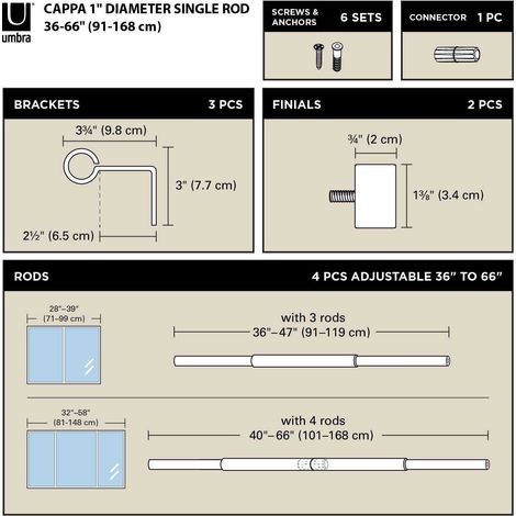 Tringle à rideaux en métal noir mat – Longueur réglable 91 à 168 cm – Supports muraux réglables – Convient pour rideaux jusqu'à 10 kg – Umbra (1/4)