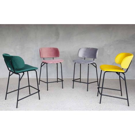 Tabouret design velours et métal noir laqué Leona - Lot de 2 65 cm-Bleu canard-Hauteur d'assise 65 cm (1/2)