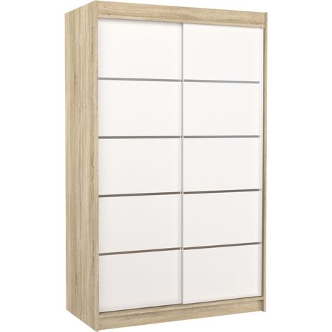 Petite armoire de chambre naturel et blanc avec 2 portes coulissantes Benko 120cm (1/5)