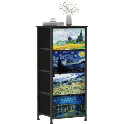 Schmale Kommode mit 4 Stoffschubladen im Van-Gogh-Stil, Nachttisch mit Holzplatte (1/5)