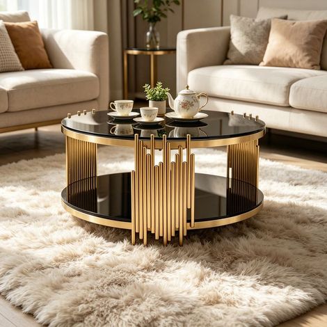 Table basse moderne en verre noir, table de salon luxueuse avec double plateau en verre, table basse ronde avec piètement en acier doré, table d'appoint avec plateau rond en verre, table centrale pour (1/5)