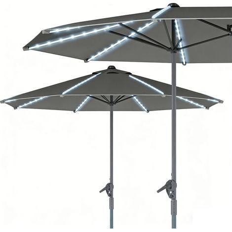 2er-Set doppelsonnenschirm mit Solar LED Lichtern 451x267 cm Aluminium UV 50+ Sonnenschirm mit Handkurbel, Balkonschirm windfest Marktschirm Sonnenschutz für Strand Balkon Garten, Dunkelgrau