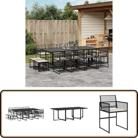 13-tlg. Garten-Essgruppe mit Kissen Schwarz Poly Rattan - Gartensessel - Gartenmöbel Set - Outdoor Esstisch - Terrassenset - Gartenlounge