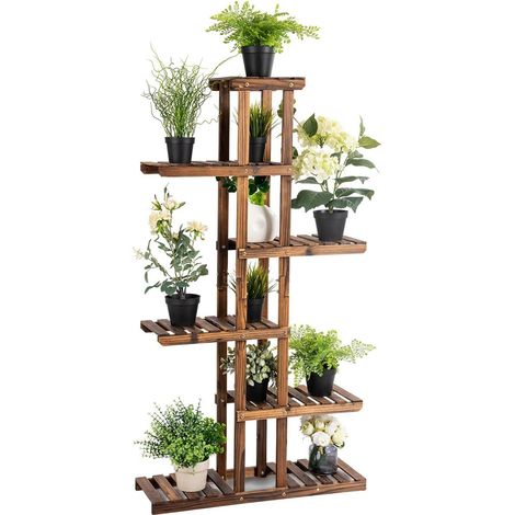 Costway – Étagère à fleurs en bois de sapin 6 niveaux – Dimensions 75x25x140cm – Vernis étanche – Support jusqu'à 10kg – Design asymétrique