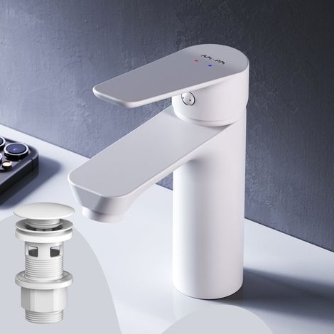 AM.PM Badarmatur mit Pop-Up Ablaufventil für Waschbecken Wasserhahn Bad Weiss Waschtischarmatur mit Ablaufgarnitur 1 1/4 Zoll Messing Ventil Ablauf (1/5)