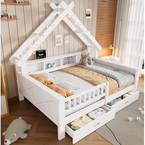 Kinder-Hausbett 140 x 200 cm Weiß mit LED, Regalen, Schubladen und Rausfallschutz (1/5)