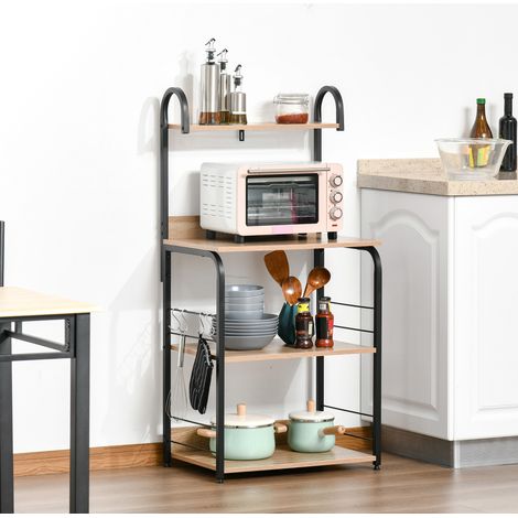 Estantería de cocina 4 niveles con ganchos para microondas 60x40x125 cm madera natural