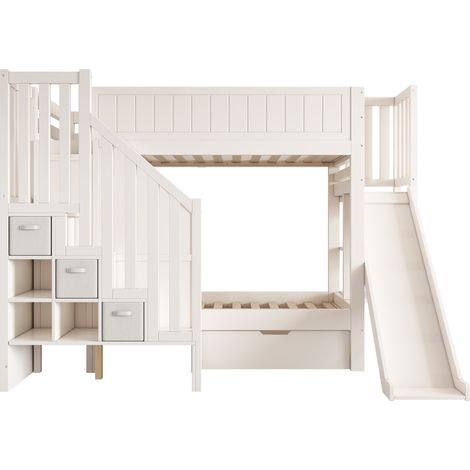 Letto a castello per bambini 90x200 cm con scivolo, scala contenitore e cassetti bianco (1/5)