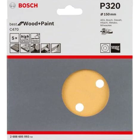 5 fogli abrasivi BOSCH Professional C470 Ideali per legno e vernice per levigatrici eccentriche Ø 150mm - 6 fori (1/4)
