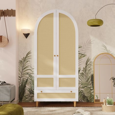 Armoire 80x50x180cm avec penderie tiroir portes arquées effet cannage charnières soft-close - mdf - blanc (1/5)