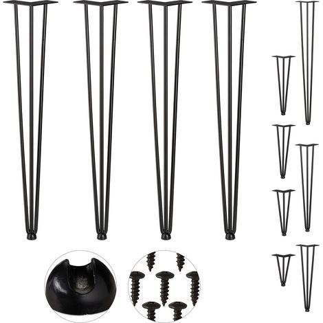 Relaxdays Pack 4 Patas Horquilla para Mesas, Muebles, Hairpin Legs, 3 Barras Metálicas, Acero y Goma, 71 cm Alto, Negro