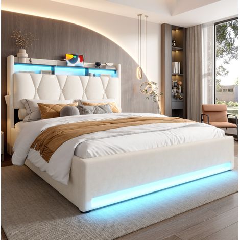 Lit rembourré moderne 160x200 cm velours beige avec tête de lit rangement, LED, USB-C et coffre sous sommier (1/5)