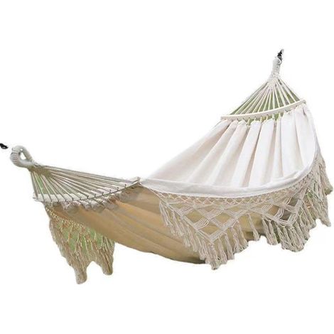 Hamac de jardin avec pompons, supportant jusqu'à 227 kg (500 lb), hamac simple ou double avec cordes de suspension, blanc, idéal pour le jardin, la cour ou le camping. (1/3)